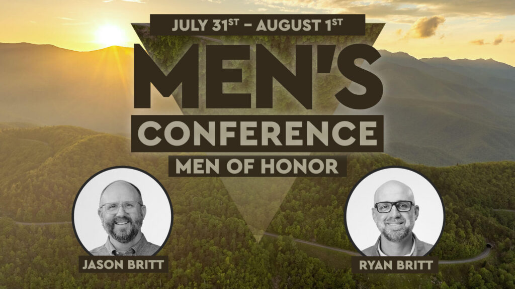 Men's Conference with pictures of speakers